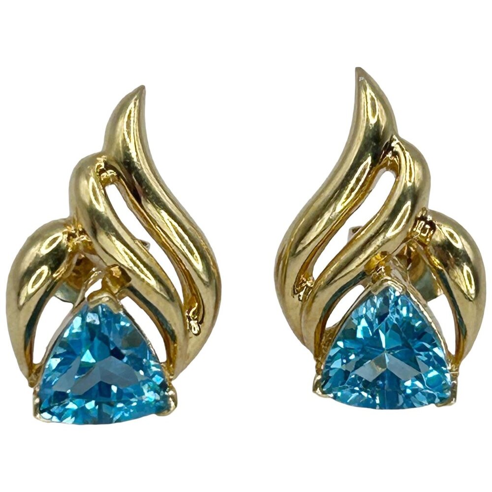 6.8mm Trillion Cut Blue Topaz 14k Yellow Gold Swirl Stud Earrings